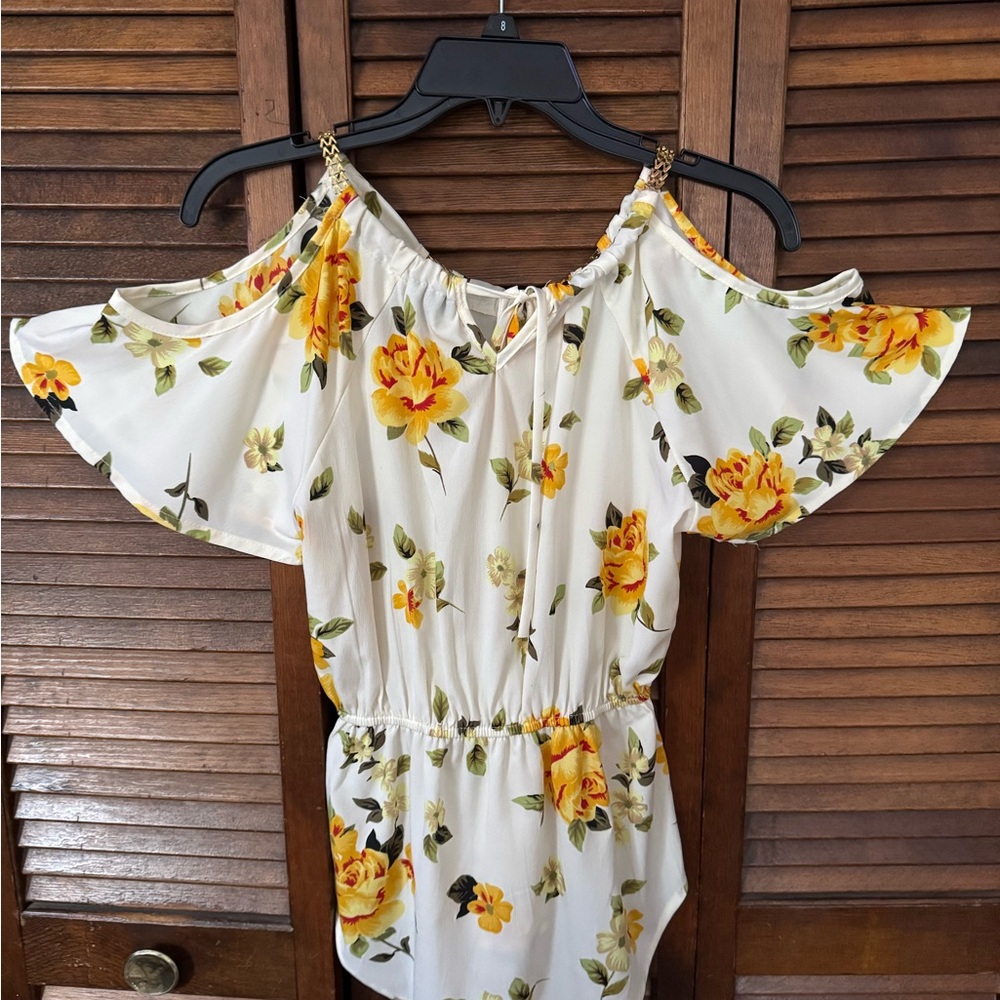White and Yellow Flutter Sleeve Ruffled Blouse